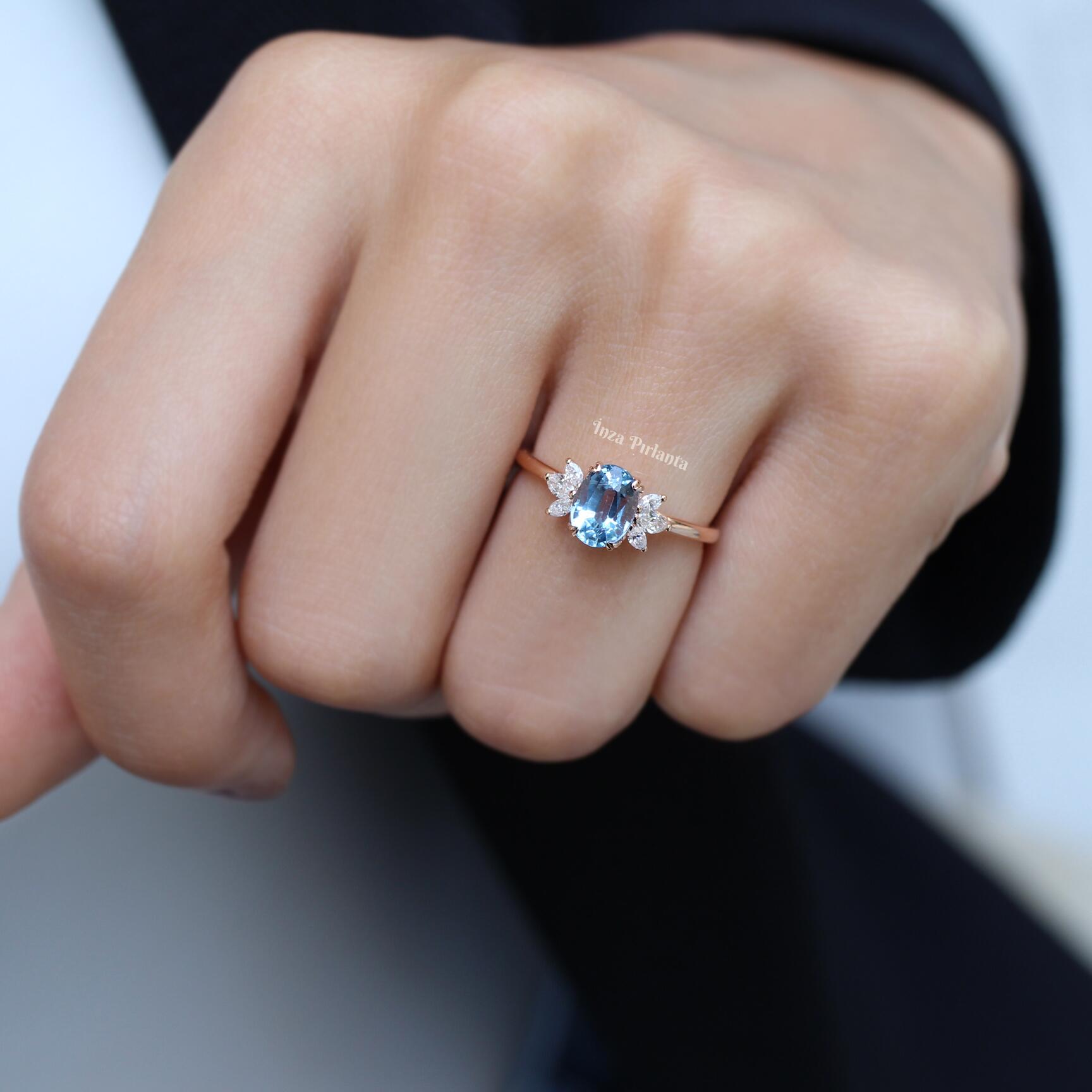 Vintage Mini Lotus Blue Topaz & Pırlanta Yüzük