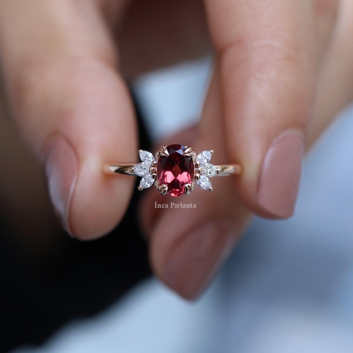 Vintage Mini Lotus Turmalin & Pırlanta Yüzük