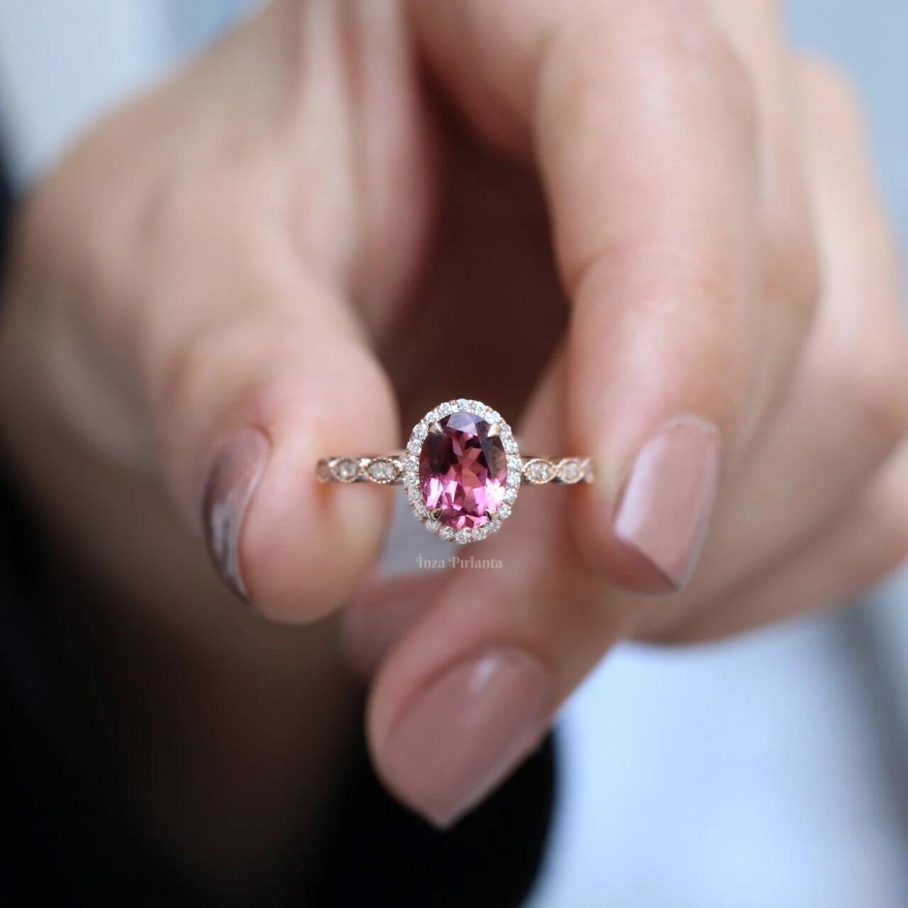 Vintage Özel Tasarım Pembe Turmalin Pırlanta Tektaş Yüzük
