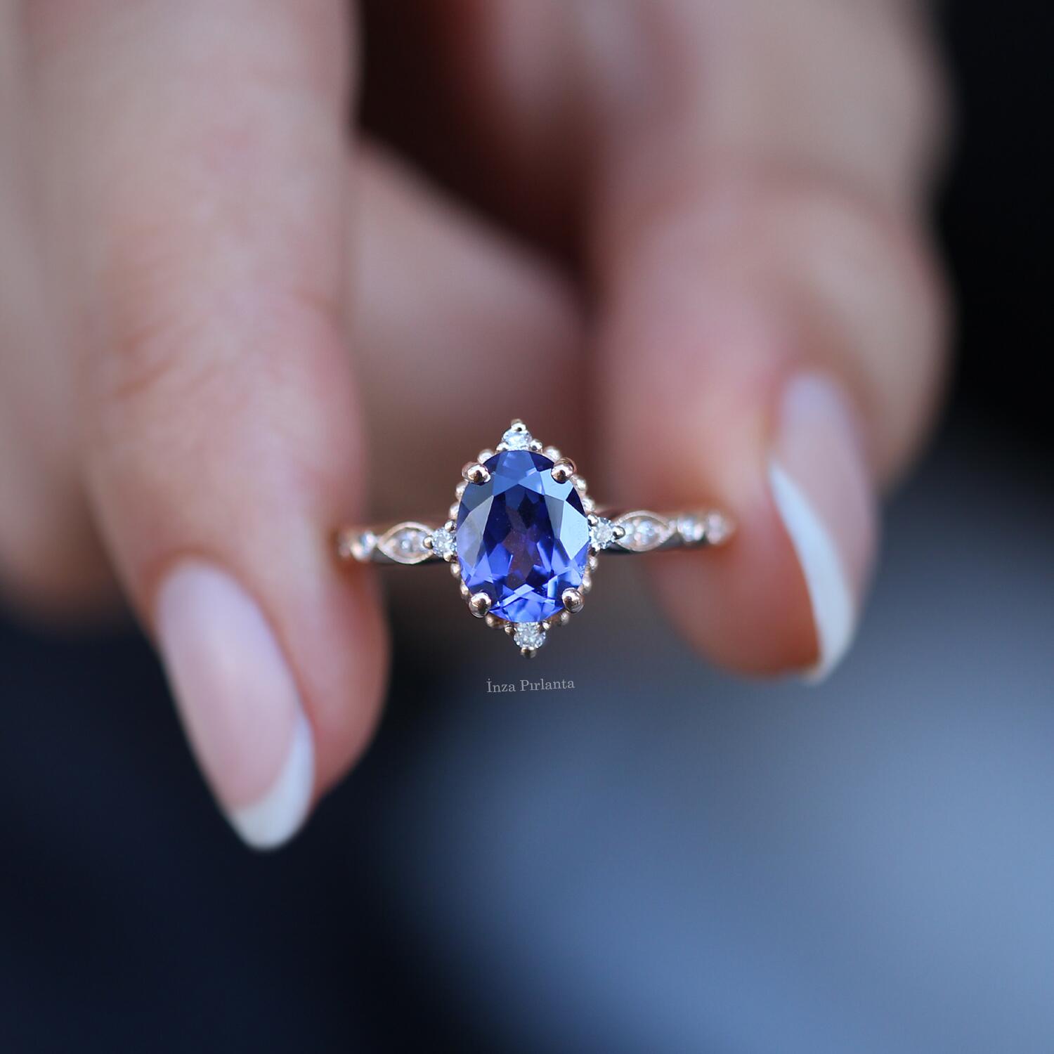 Vintage Selius Büyük Boy Blue Topaz & Pırlanta Yüzük