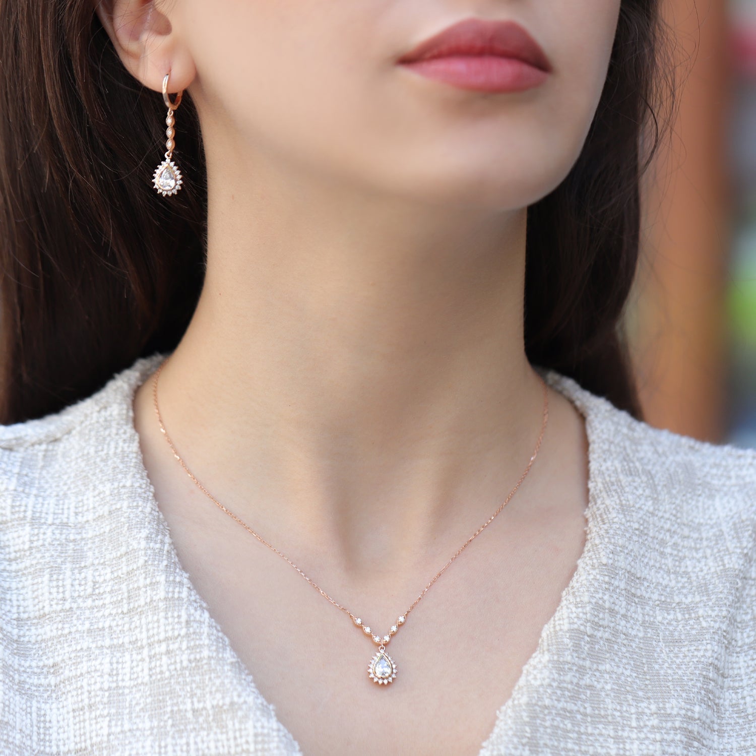Vintage Tasarım Damla Beyaz Topaz & Pırlanta Set