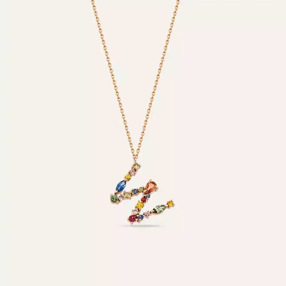 W Harf Brown Pırlanta ve Multicolor Safir Taşlı Rose Altın Kolye