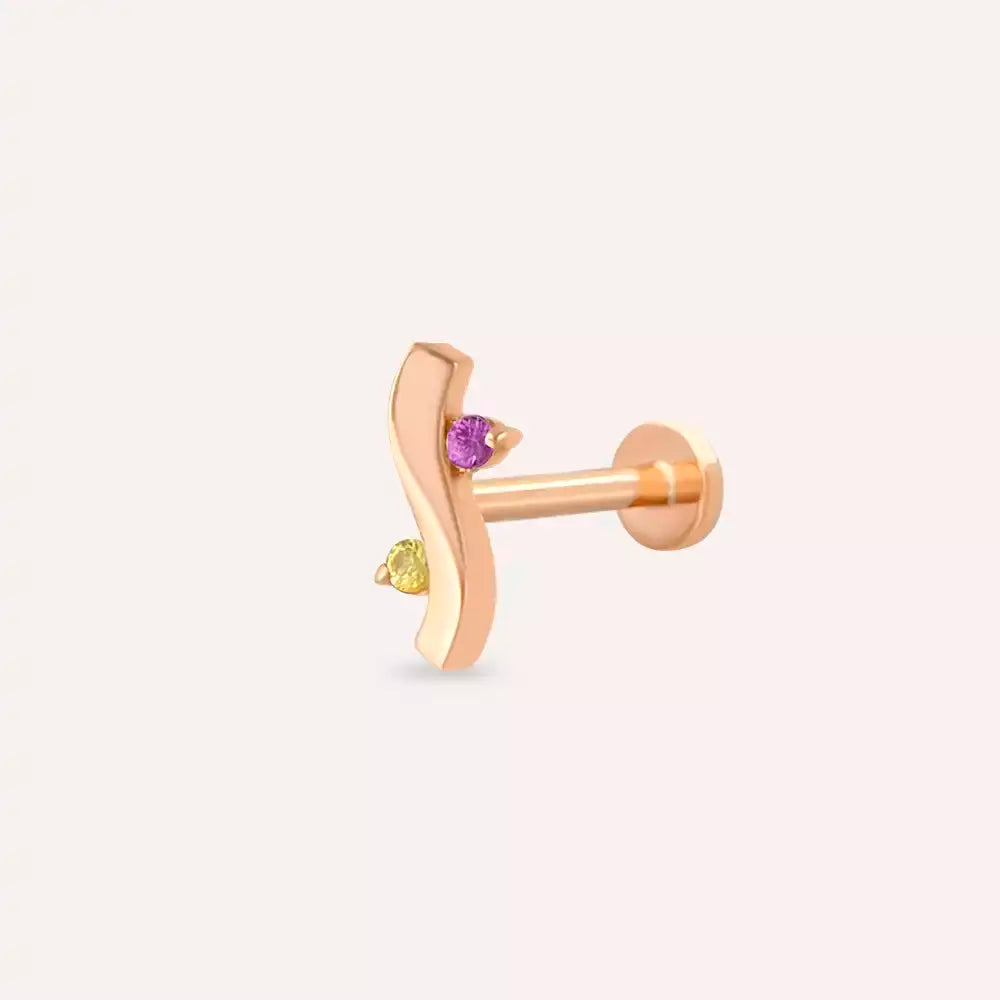 Wave Yellow ve Pink Safir Taşlı Rose Altın Piercing