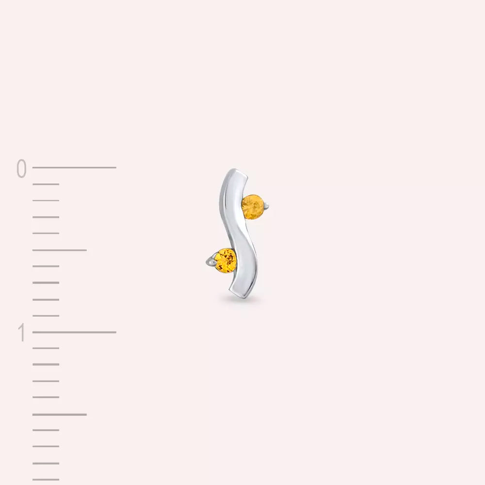 Wavy Yellow Safir Taşlı Beyaz Altın Tek Küpe