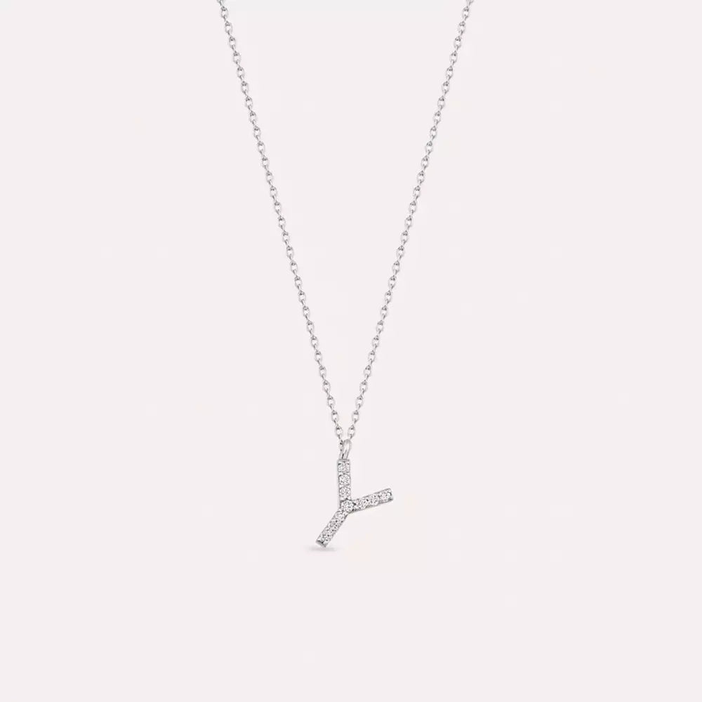 Y Harf 0.07 CT Pırlanta Taşlı Beyaz Altın Kolye