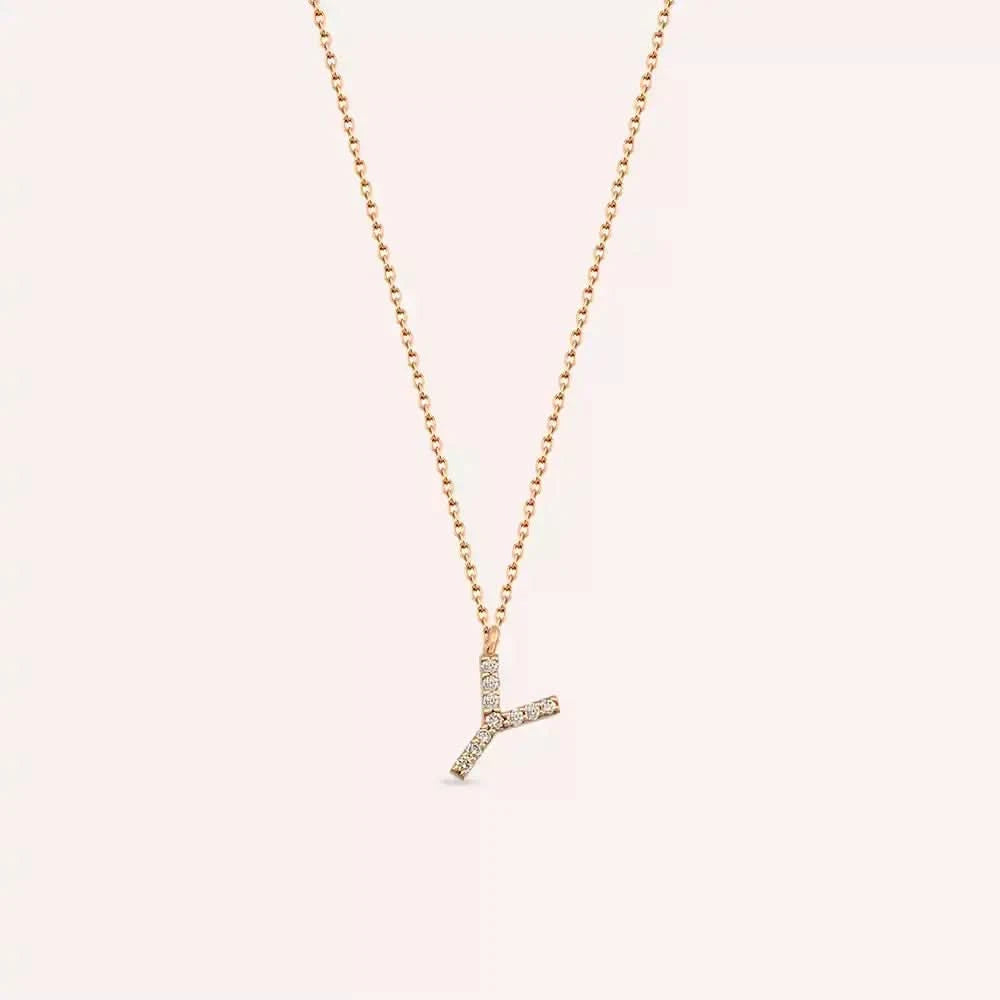 Y Harf 0.07 CT Pırlanta Taşlı Rose Altın Kolye