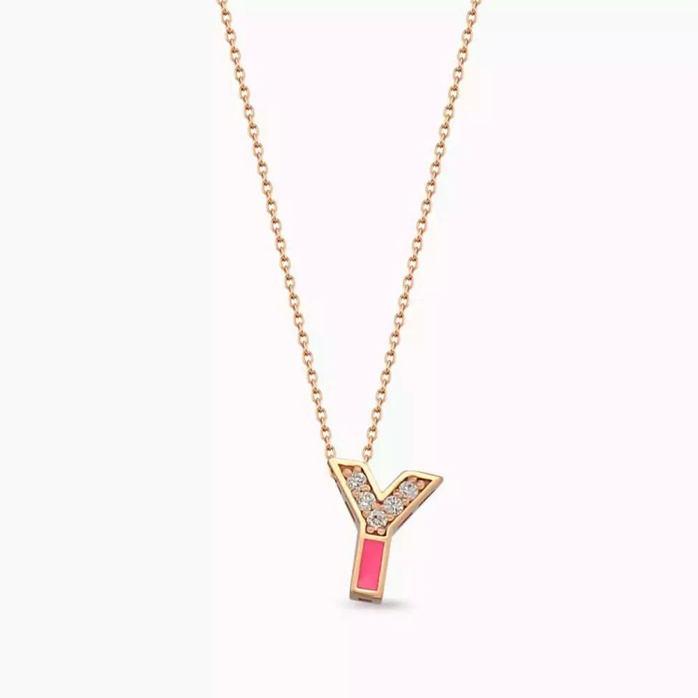 Y Harf Pırlanta Taşlı ve Pembe Mineli Rose Altın Kolye