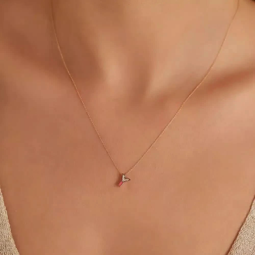 Y Harf Pırlanta Taşlı ve Pembe Mineli Rose Altın Kolye