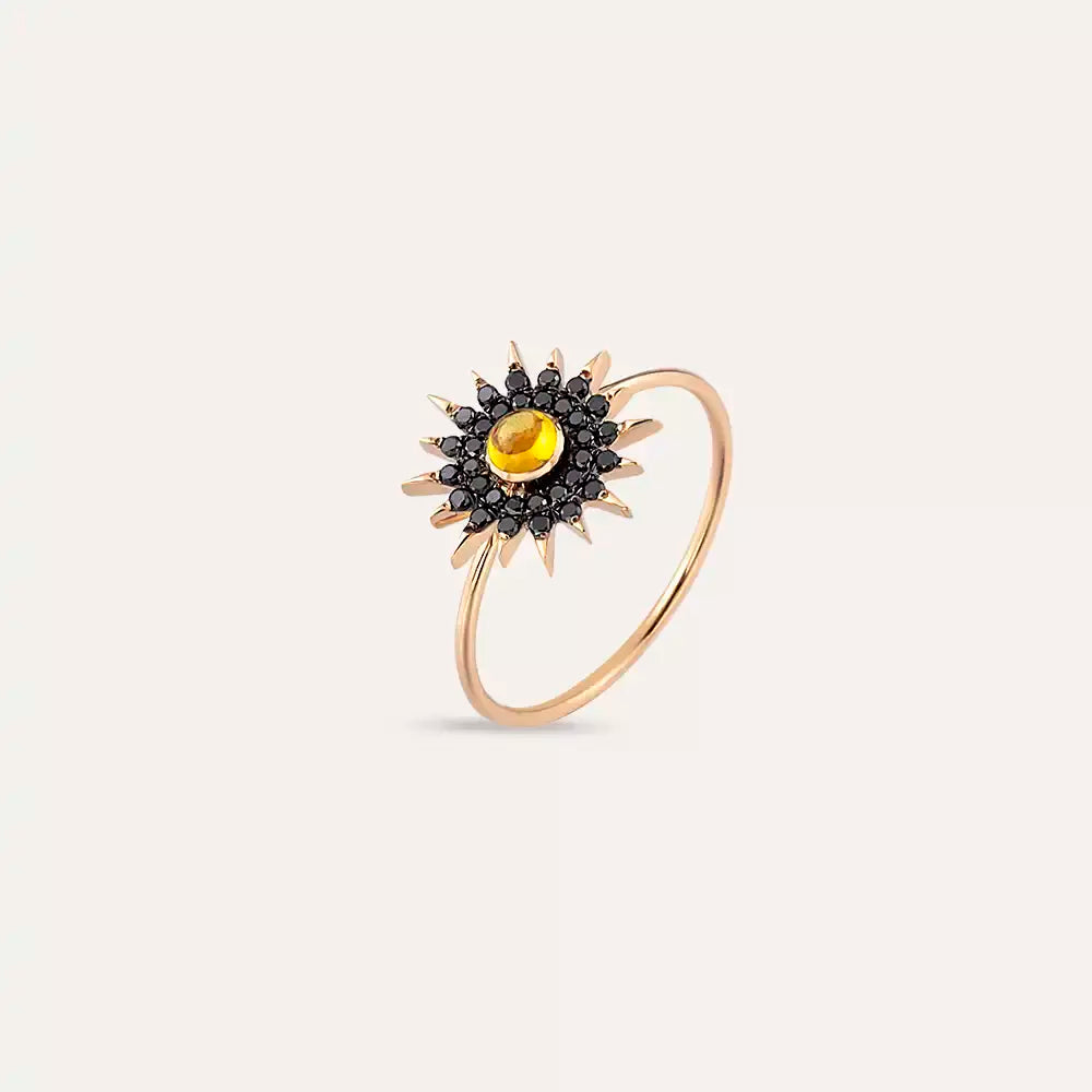 Lumos Yellow Safir ve Siyah Pırlanta Taşlı Rose Altın Yüzük