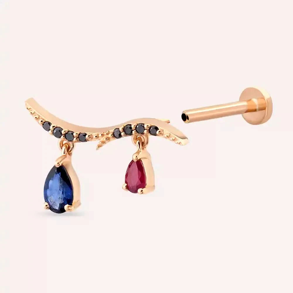 Ziva Siyah Pırlanta, Yakut ve Safir Taşlı Rose Altın Piercing