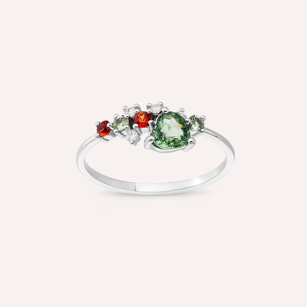 Zoya Kalp Kesim Green Safir ve Pırlanta Taşlı Beyaz Altın Yüzük