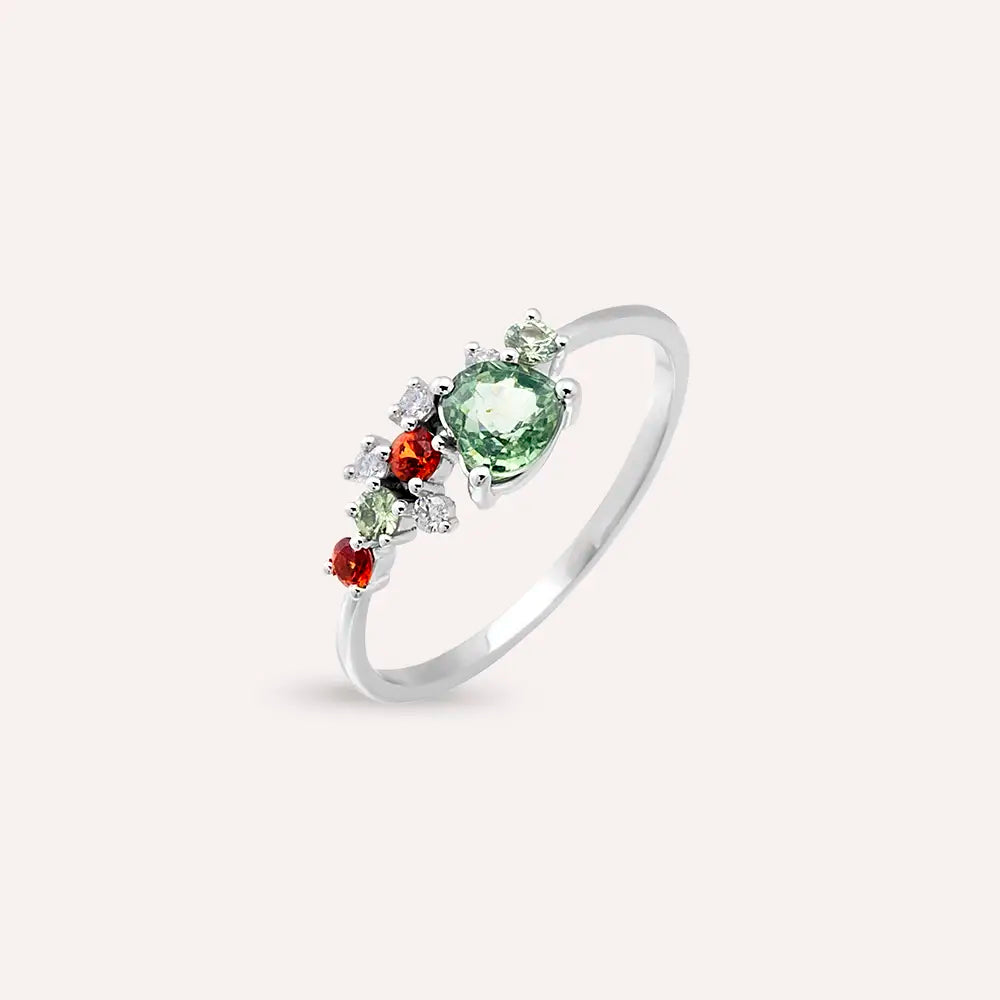 Cosmo Kalp Kesim Green Safir ve Pırlanta Taşlı Beyaz Altın Yüzük